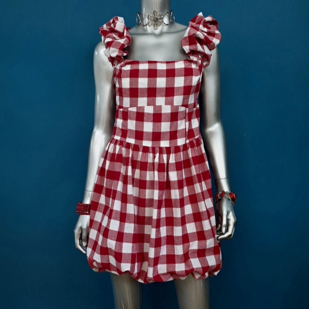 🆕️ 🍒 ASOS DESIGN Red Gingham Mini Smock Dress w/ Bubble Hem // (NWOT)